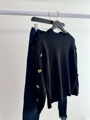 Leopard Button Sleeve Round Neck Jumper